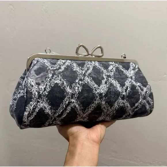 Genuine Leather Denim Quilted Pattern, Handmade Unique Bow Kisslock Baguette Bag